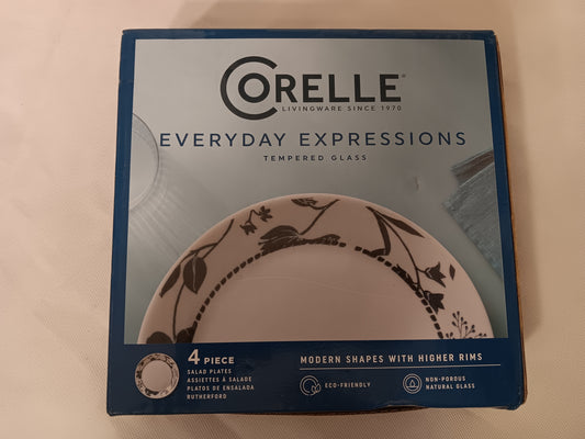 Corelle everyday expressions tempered glass salad plates, set of 4, brand new in box.